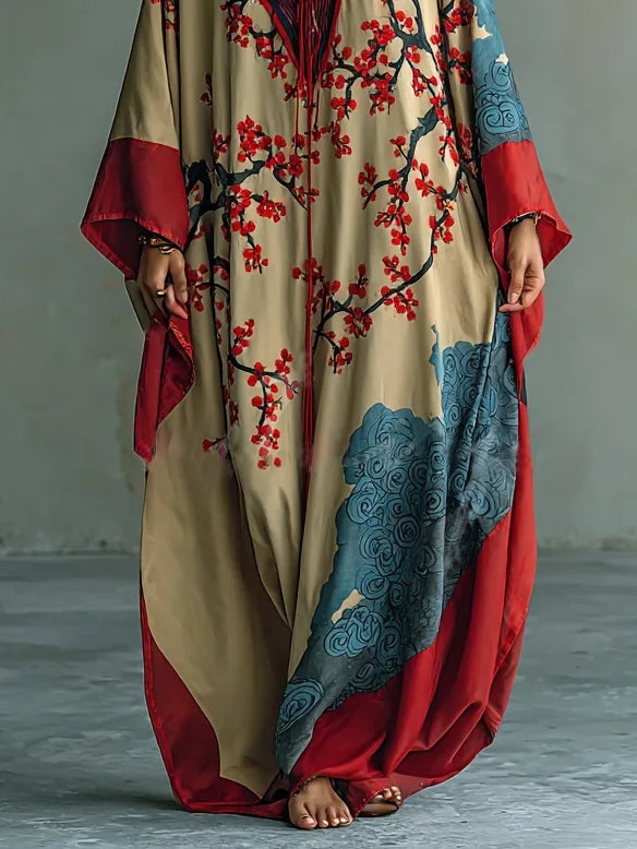 Vestido Maxi Kimono con Estampado de Flor de Ciruelo Japonesa y Mangas Murciélago