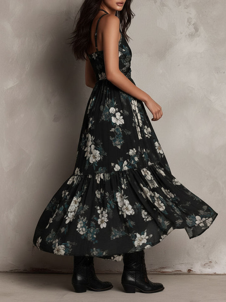 Vestido Maxi Negro Boho con Estampado Floral y Escote Asimétrico sin Tirantes