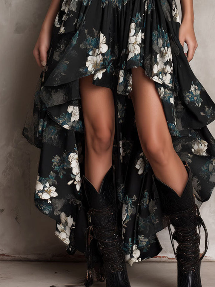 Vestido Maxi Negro Boho con Estampado Floral y Escote Asimétrico sin Tirantes