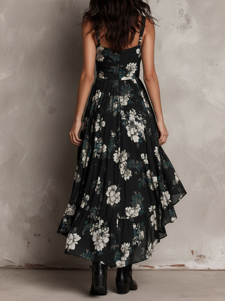 Vestido Maxi Negro Boho con Estampado Floral y Escote Asimétrico sin Tirantes