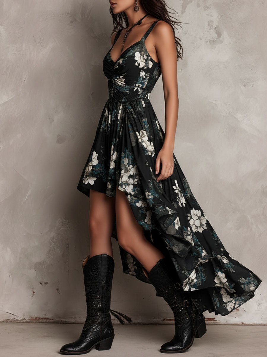 Vestido Maxi Negro Boho con Estampado Floral y Escote Asimétrico sin Tirantes