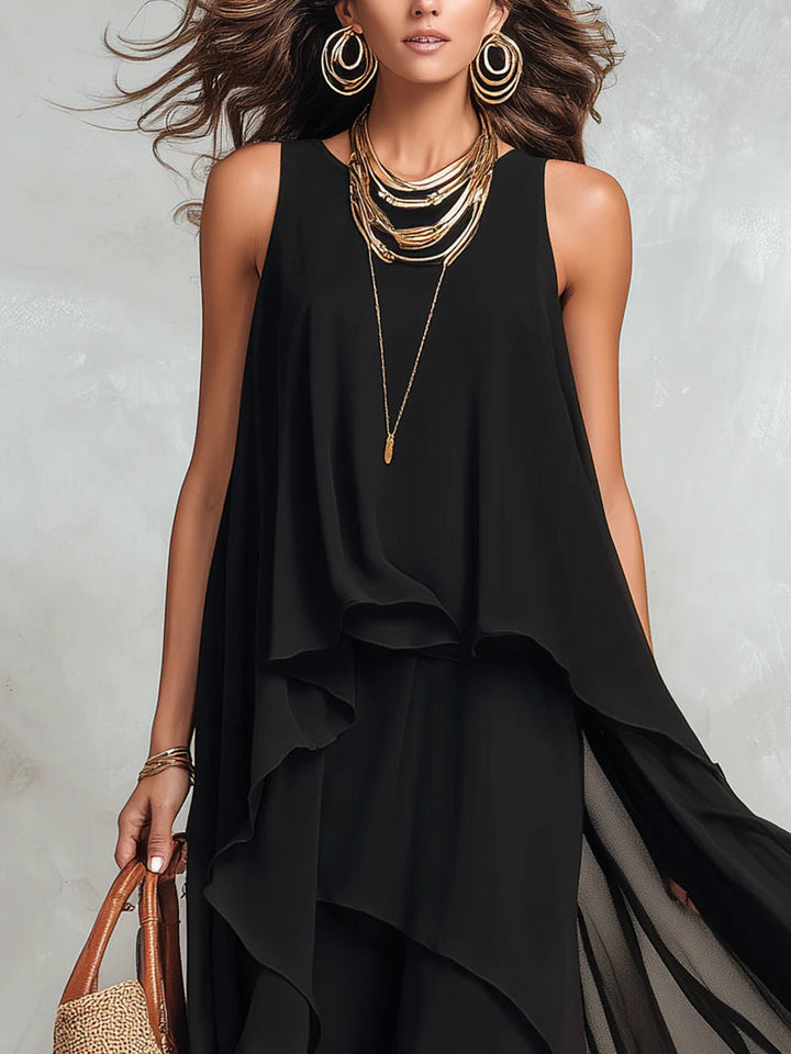 Vestido Maxi Negro de Gasa con Capas y Cuello Redondo sin Mangas