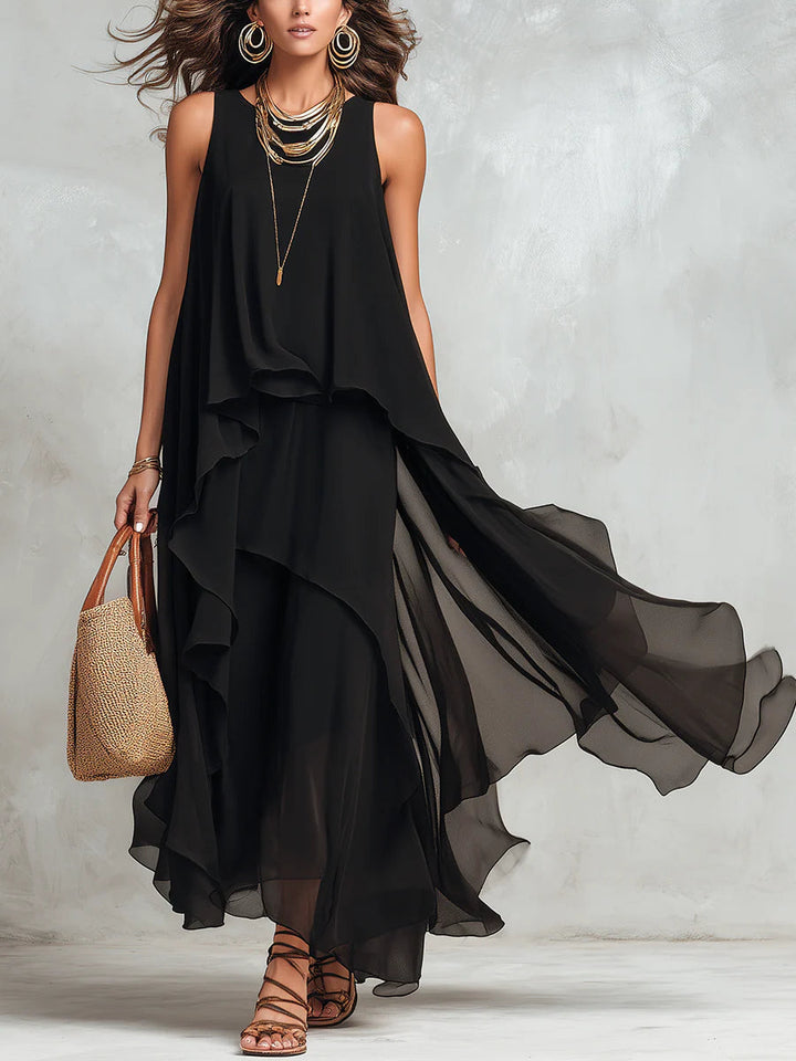 Vestido Maxi Negro de Gasa con Capas y Cuello Redondo sin Mangas