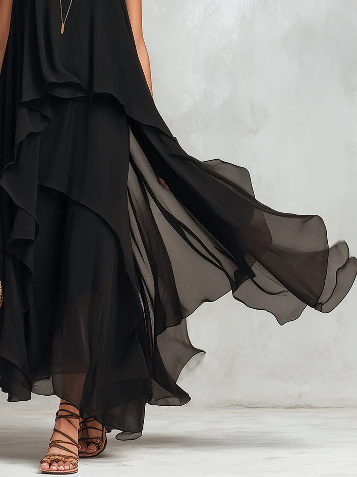 Vestido Maxi Negro de Gasa con Capas y Cuello Redondo sin Mangas