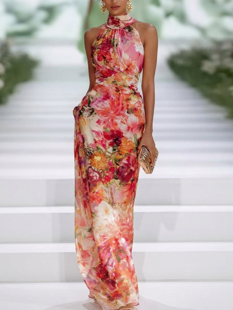 Vestido Maxi Rojo de Gasa Floral con Cuello Halter sin Mangas