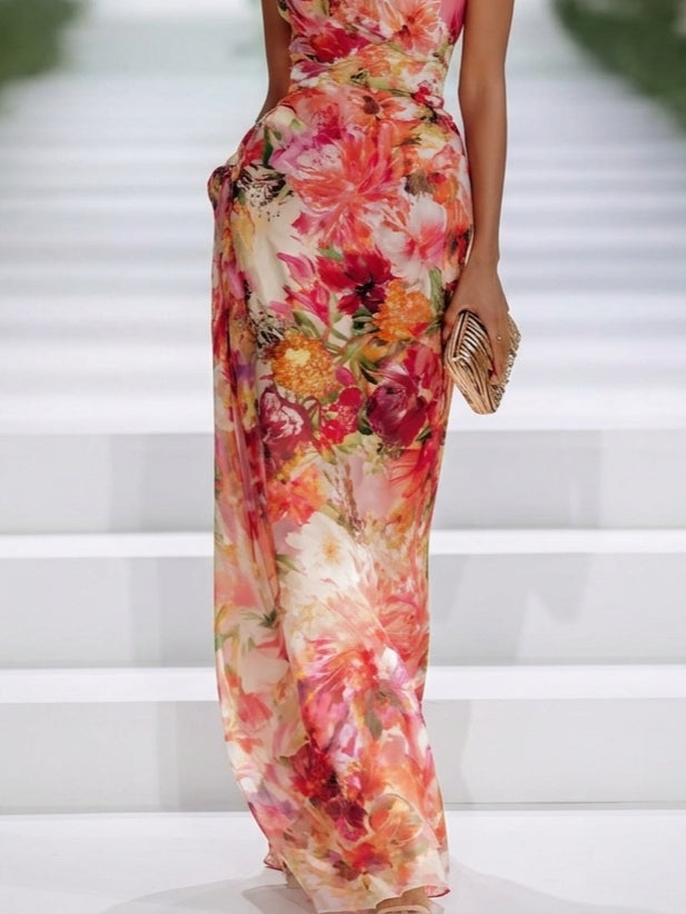 Vestido Maxi Rojo de Gasa Floral con Cuello Halter sin Mangas