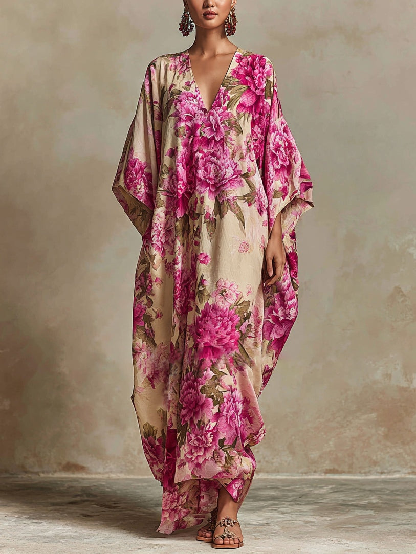 Vestido Kaftan Maxi Floral con Escote en V y Mangas Murciélago