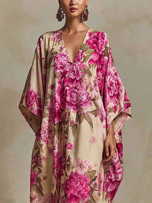 Vestido Kaftan Maxi Floral con Escote en V y Mangas Murciélago
