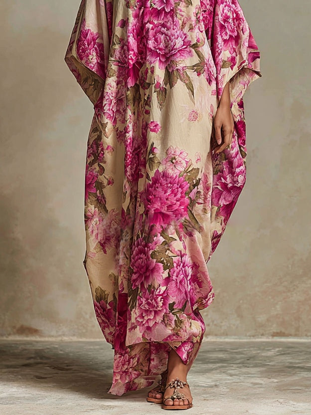 Vestido Kaftan Maxi Floral con Escote en V y Mangas Murciélago