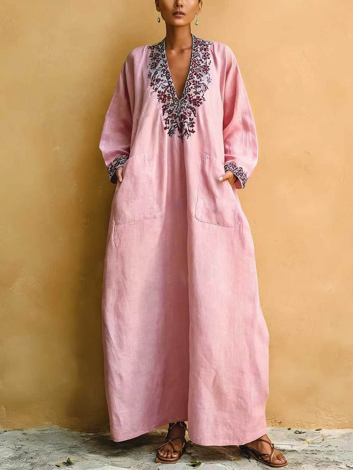 Vestido Maxi Rosa con Estampado Vacacional Minimalista y Escote en V