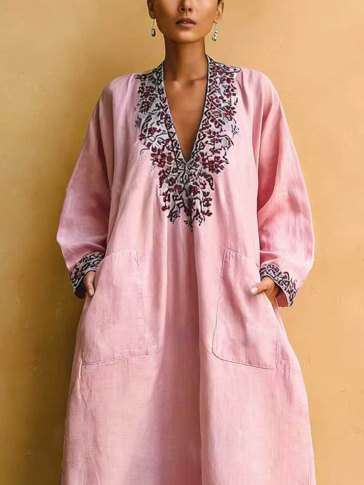 Vestido Maxi Rosa con Estampado Vacacional Minimalista y Escote en V