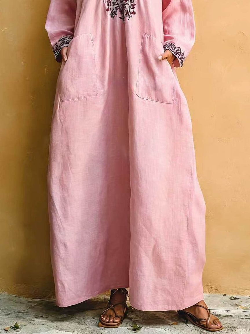 Vestido Maxi Rosa con Estampado Vacacional Minimalista y Escote en V