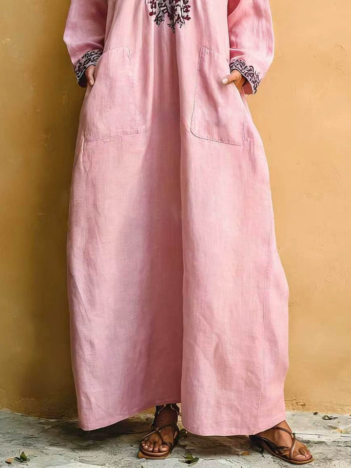 Vestido Maxi Rosa con Estampado Vacacional Minimalista y Escote en V