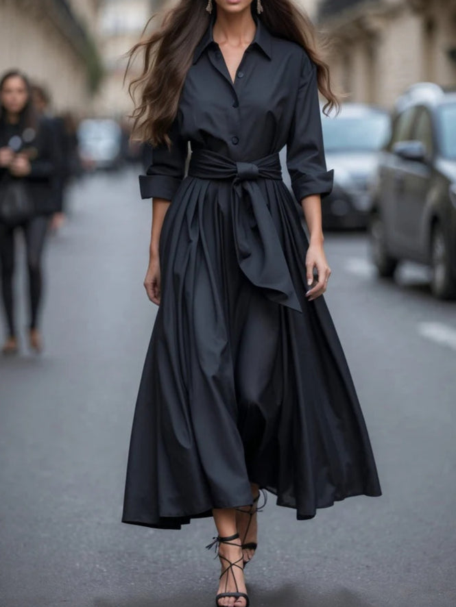 Vestido Maxi Elegante Camisero de Manga Larga con Lazo