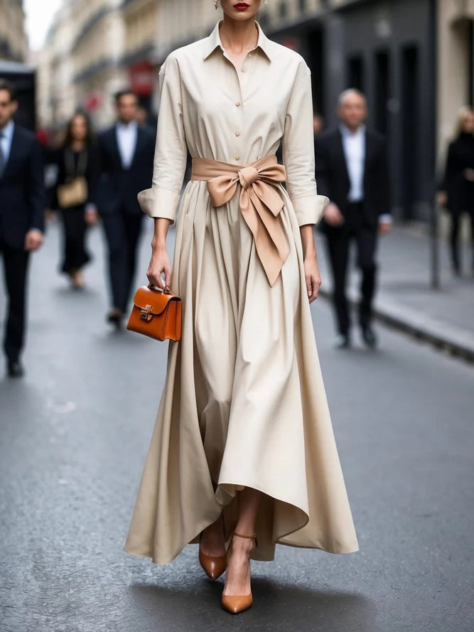 Vestido Maxi Elegante Camisero de Manga Larga con Lazo