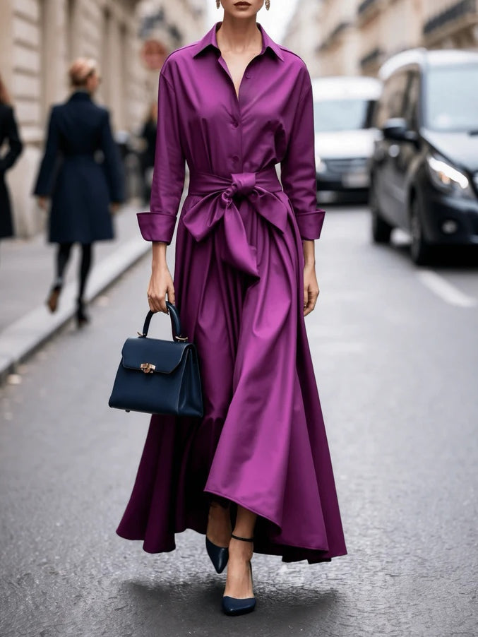 Vestido Maxi Elegante Camisero de Manga Larga con Lazo