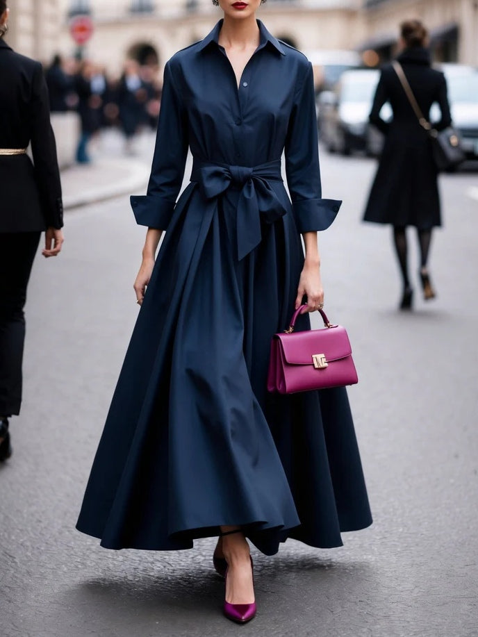 Vestido Maxi Elegante Camisero de Manga Larga con Lazo