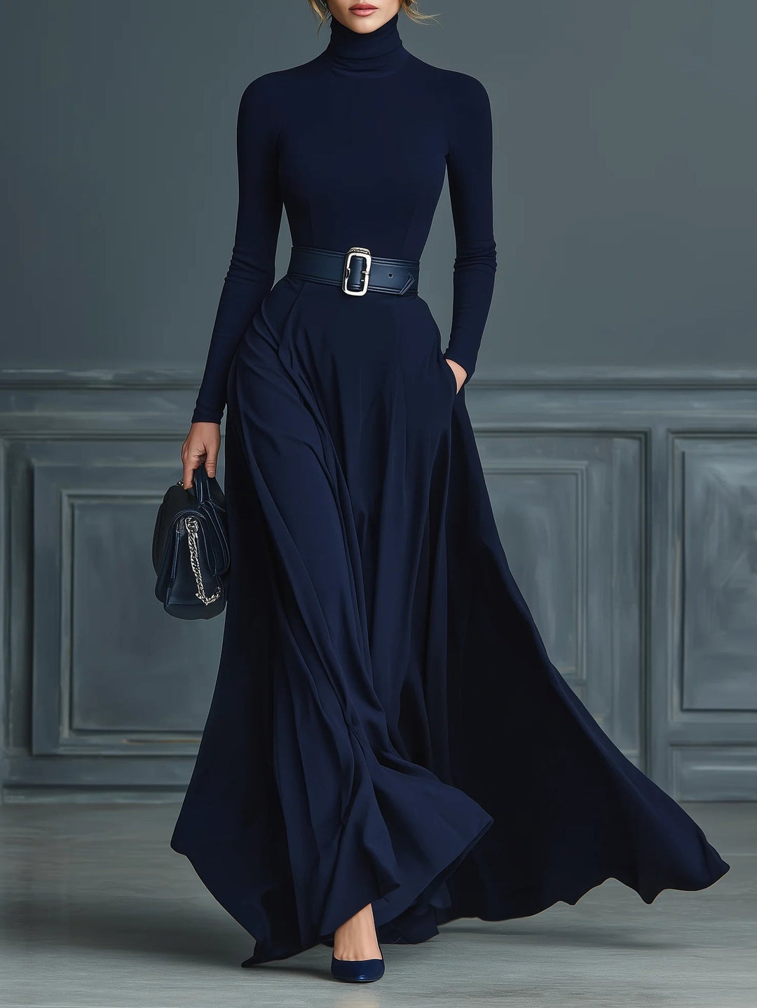 Vestido Maxi de Punto Azul Oscuro con Cuello Alto