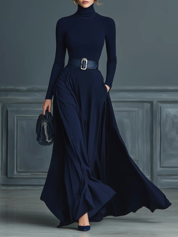 Vestido Maxi de Punto Azul Oscuro con Cuello Alto