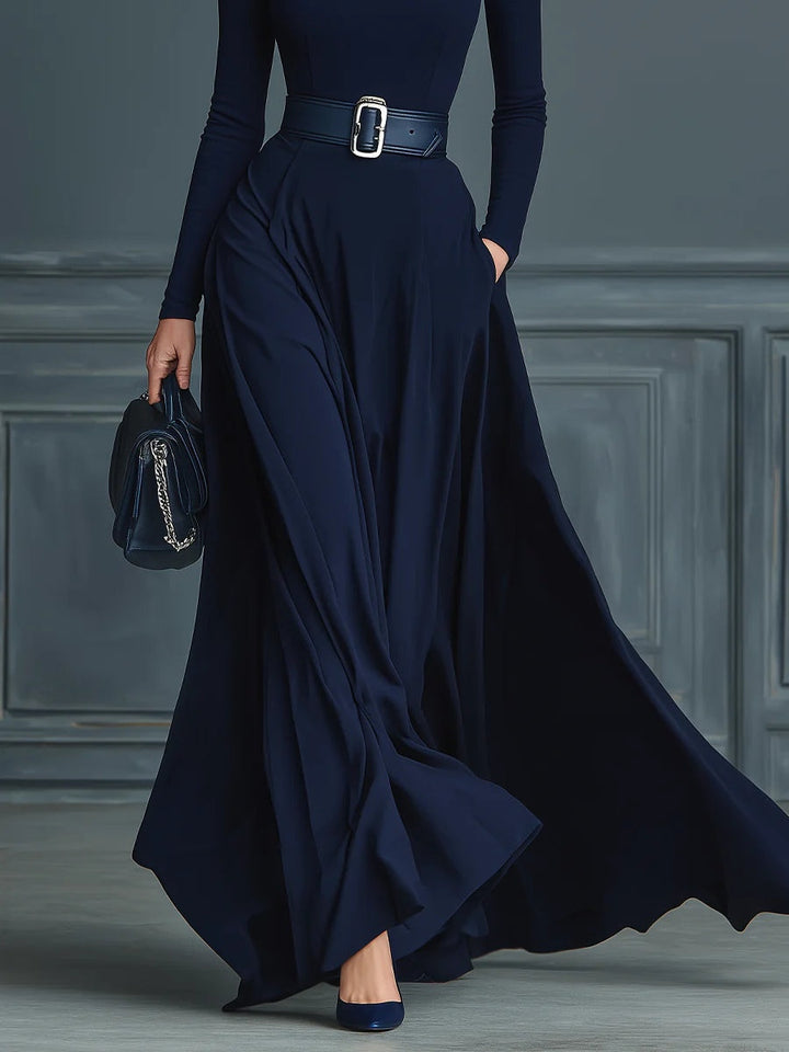 Vestido Maxi de Punto Azul Oscuro con Cuello Alto
