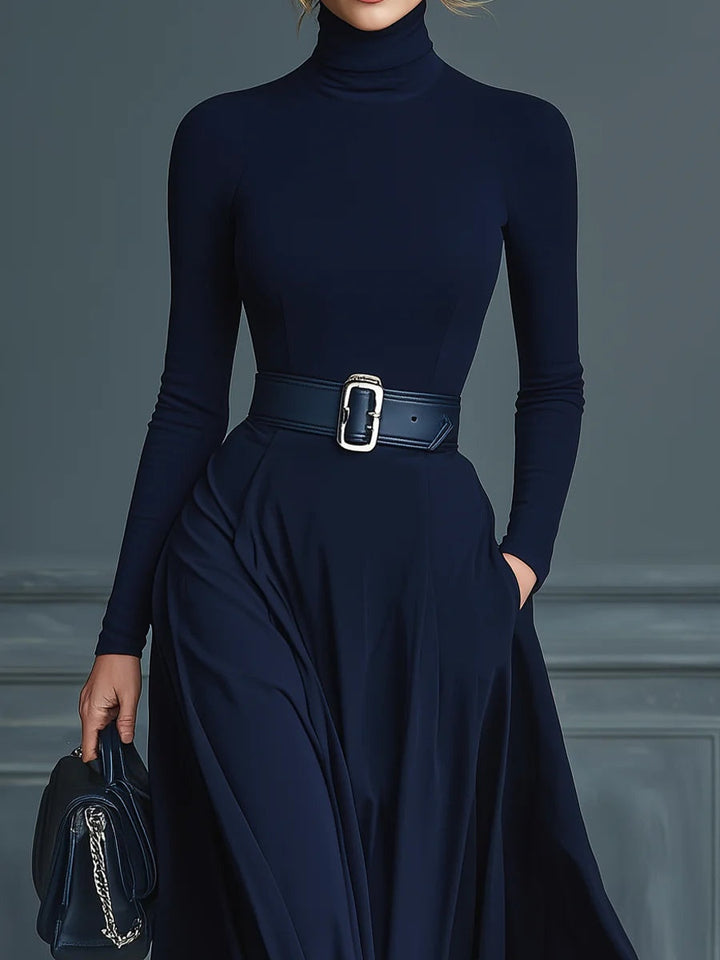 Vestido Maxi de Punto Azul Oscuro con Cuello Alto