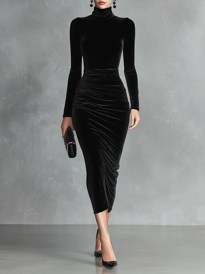 Vestido Midi Negro de Terciopelo con Cuello Alto Bodycon