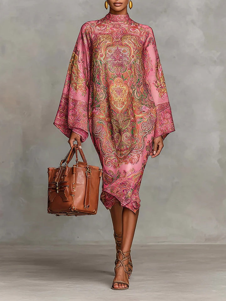 Vestido Midi Rosa con Estampado Paisley y Mangas Acampanadas