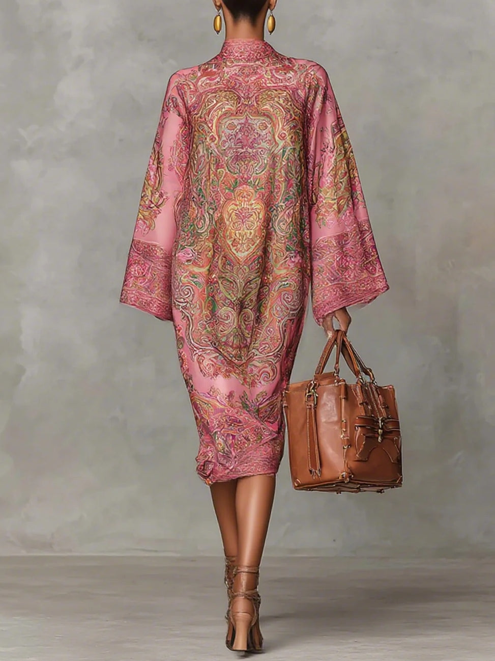 Vestido Midi Rosa con Estampado Paisley y Mangas Acampanadas