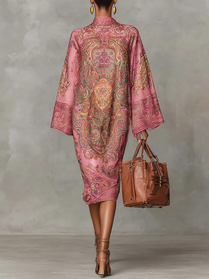 Vestido Midi Rosa con Estampado Paisley y Mangas Acampanadas