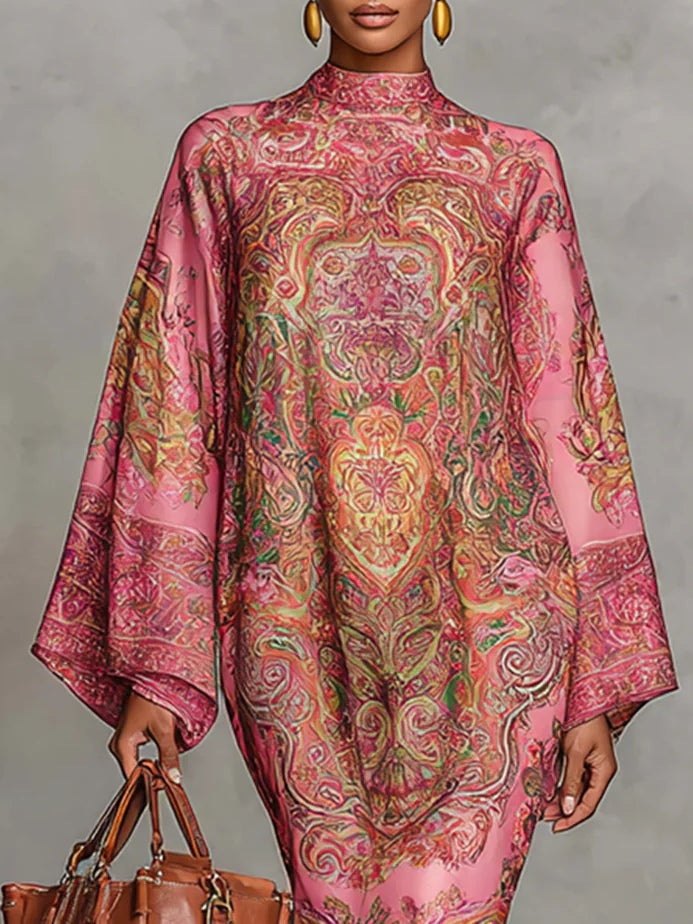 Vestido Midi Rosa con Estampado Paisley y Mangas Acampanadas