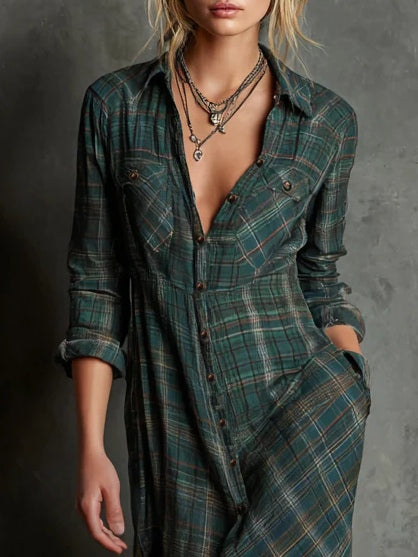 Vestido Largo Verde de Cuadros con Solapa y Botones
