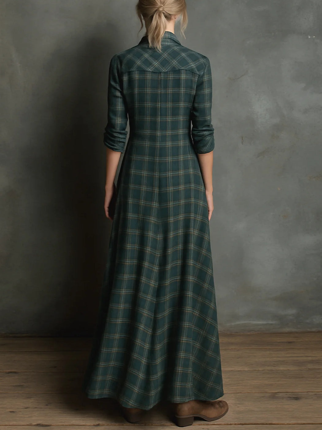 Vestido Largo Verde de Cuadros con Solapa y Botones