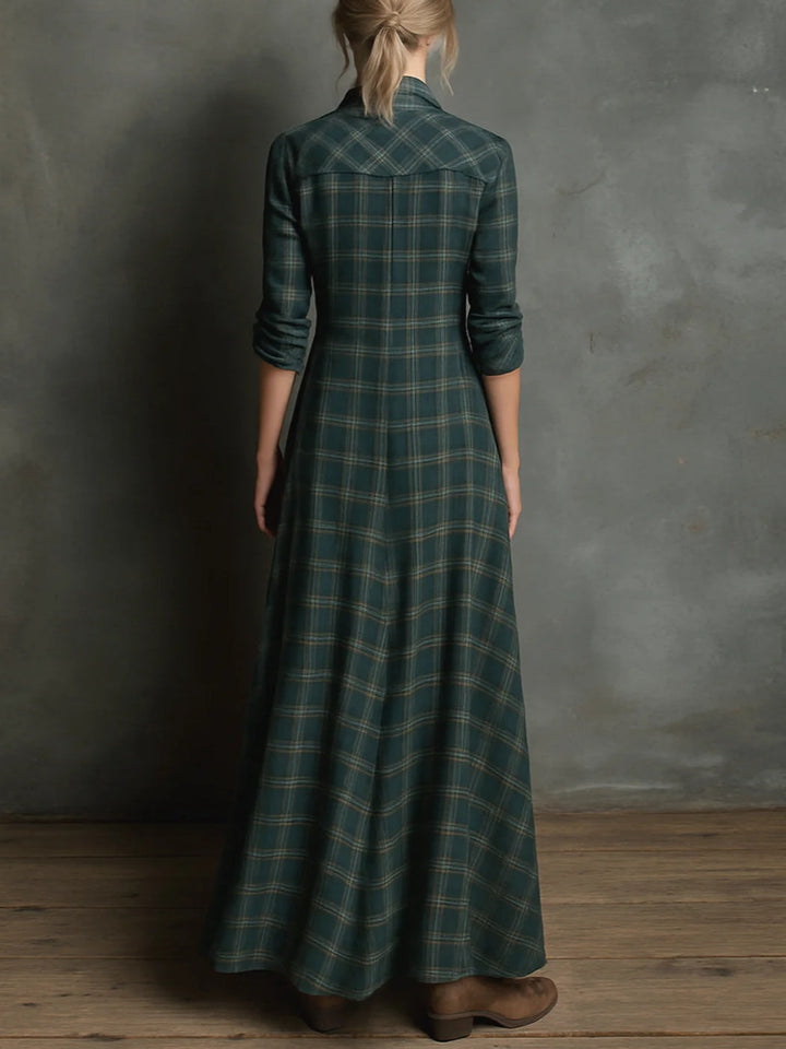 Vestido Largo Verde de Cuadros con Solapa y Botones