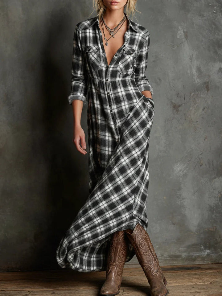 Vestido Largo Verde de Cuadros con Solapa y Botones