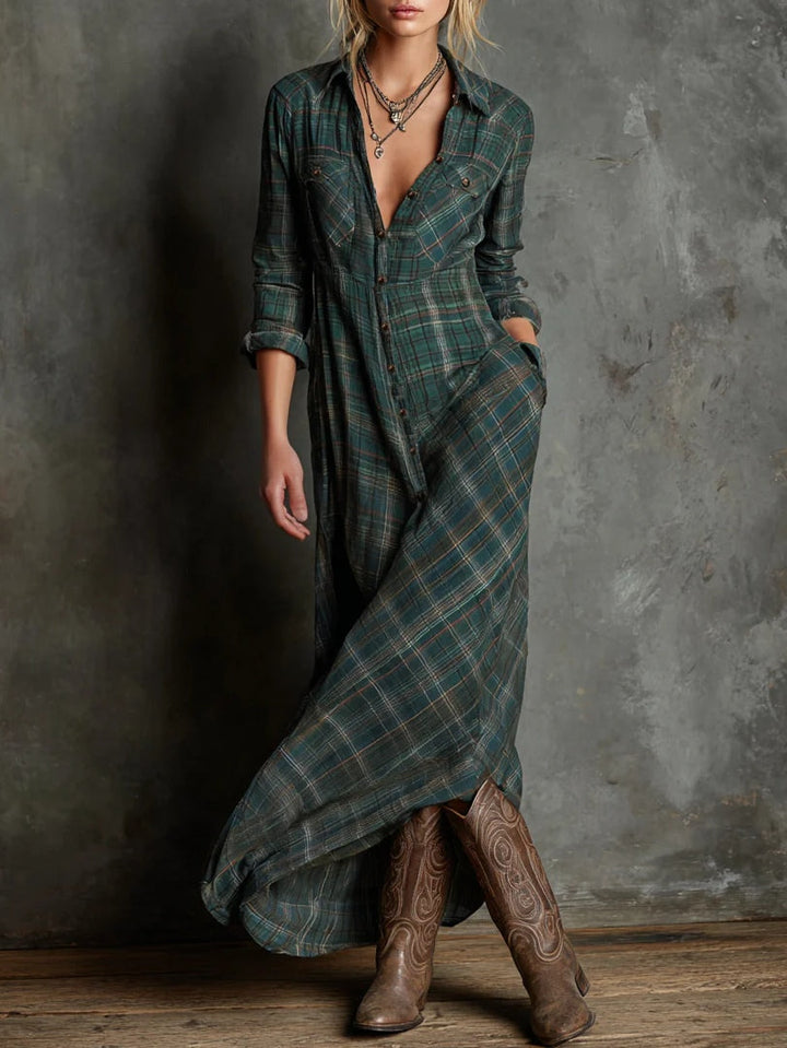 Vestido Largo Verde de Cuadros con Solapa y Botones