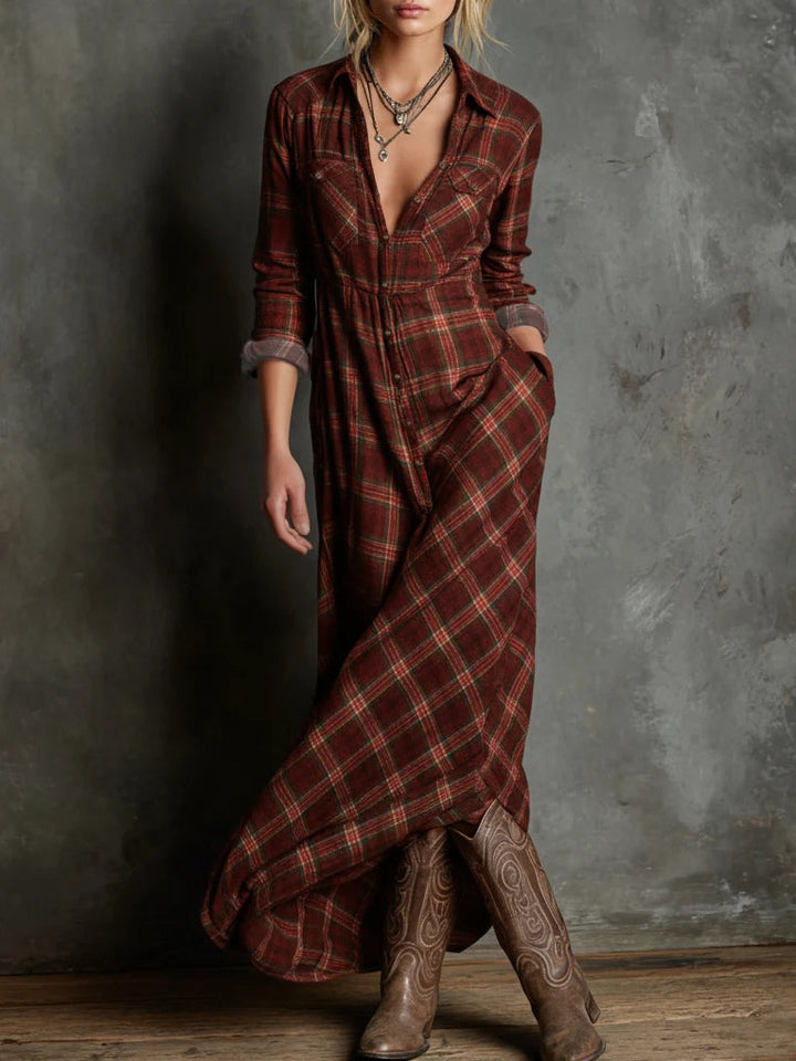 Vestido Largo Verde de Cuadros con Solapa y Botones
