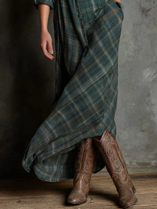 Vestido Largo Verde de Cuadros con Solapa y Botones