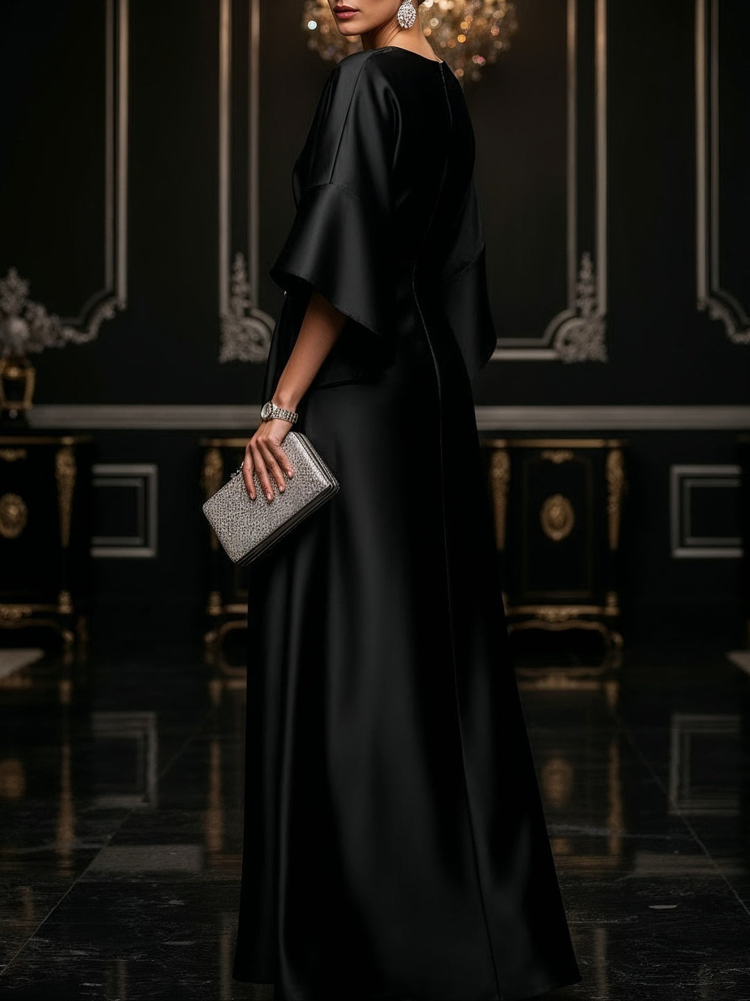 Vestido Maxi Negro de Satén Lujoso