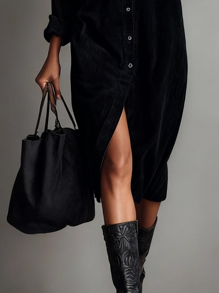 Vestido Midi de Pana Holgado con Doble Bolsillo en el Pecho y Botones