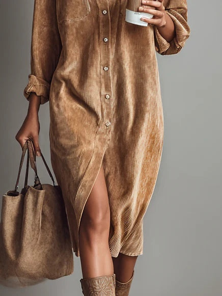 Vestido Midi de Pana Holgado con Doble Bolsillo en el Pecho y Botones