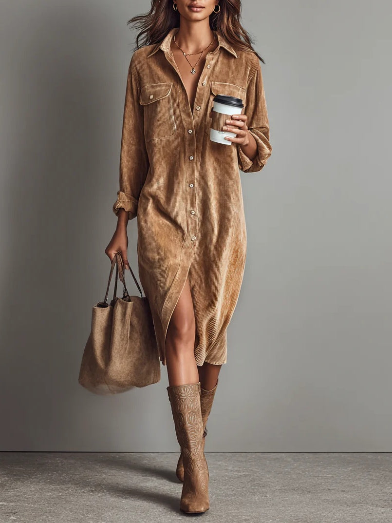 Vestido Midi de Pana Holgado con Doble Bolsillo en el Pecho y Botones