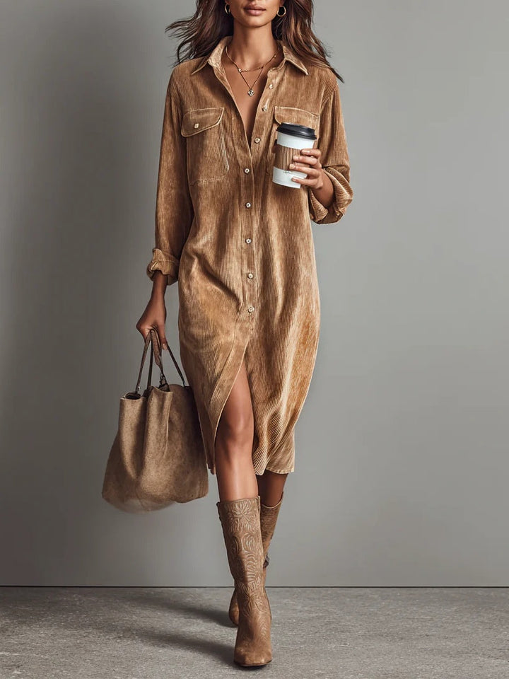 Vestido Midi de Pana Holgado con Doble Bolsillo en el Pecho y Botones