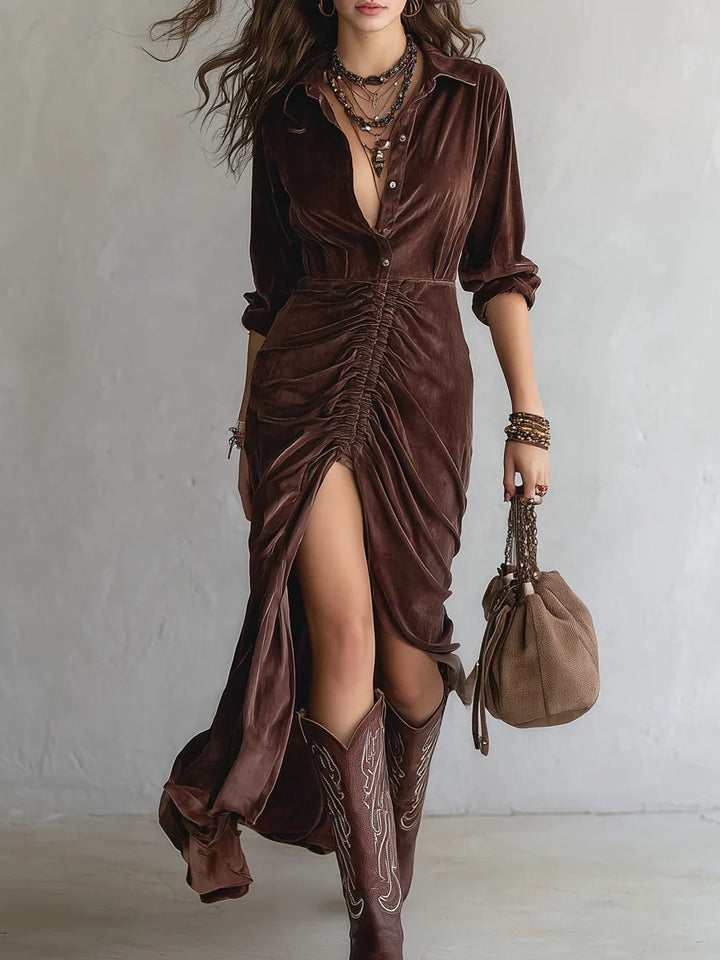 Vestido Midi de Terciopelo Vintage con Pliegues y Botones