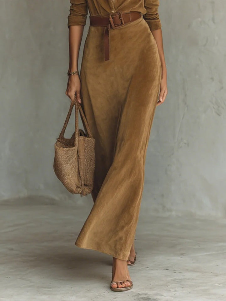 Vestido Maxi de Ante con Solapa y Botones