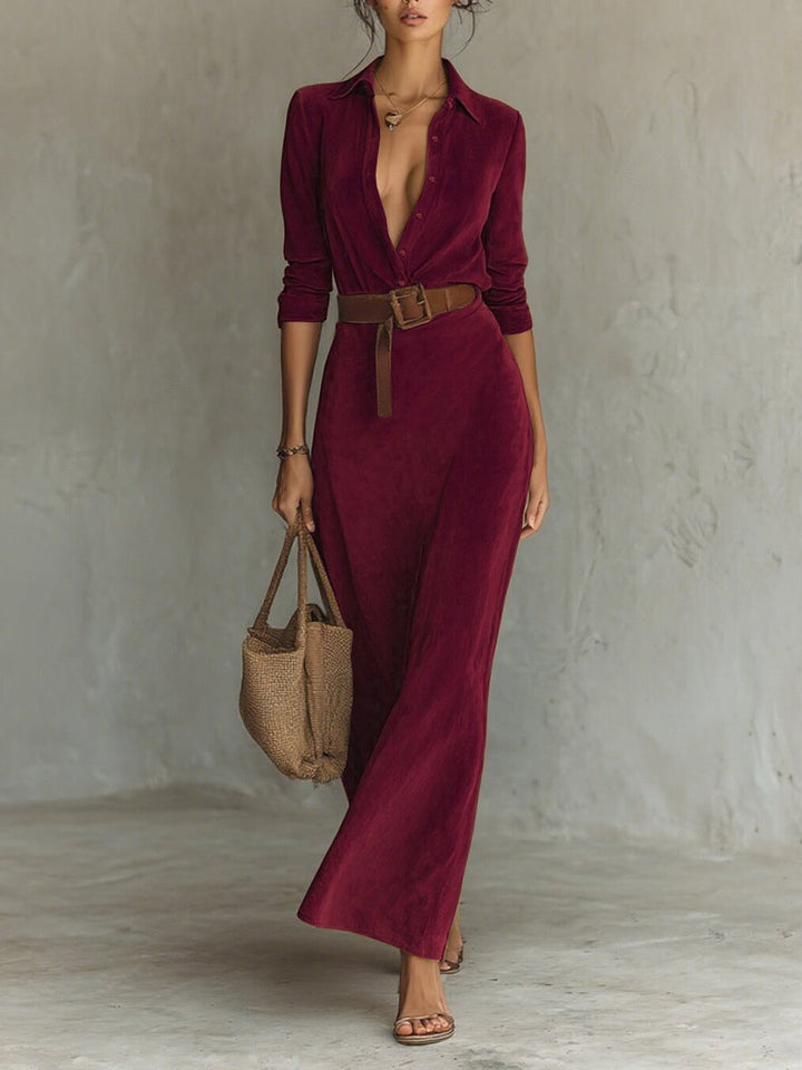 Vestido Maxi de Ante con Solapa y Botones