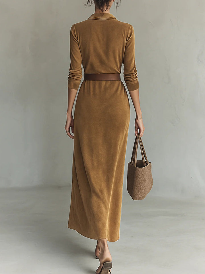 Vestido Maxi de Ante con Solapa y Botones