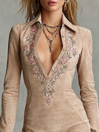 Vestido Midi Beige de Ante con Escote Floral y Solapa Slim