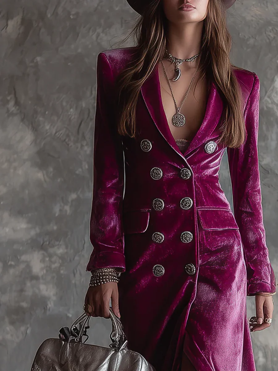 Vestido Maxi de Terciopelo Morado con Botones Estilo Blazer