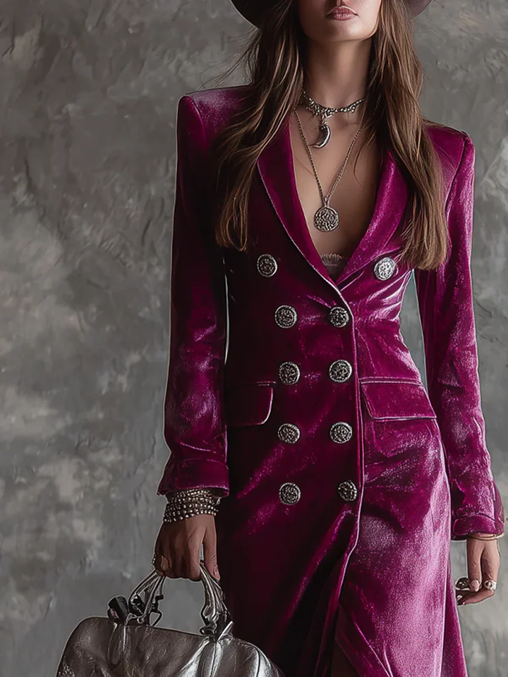 Vestido Maxi de Terciopelo Morado con Botones Estilo Blazer