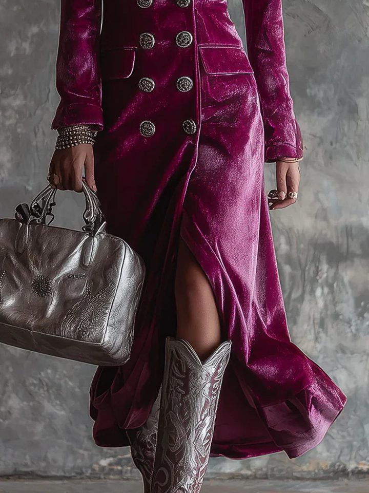 Vestido Maxi de Terciopelo Morado con Botones Estilo Blazer